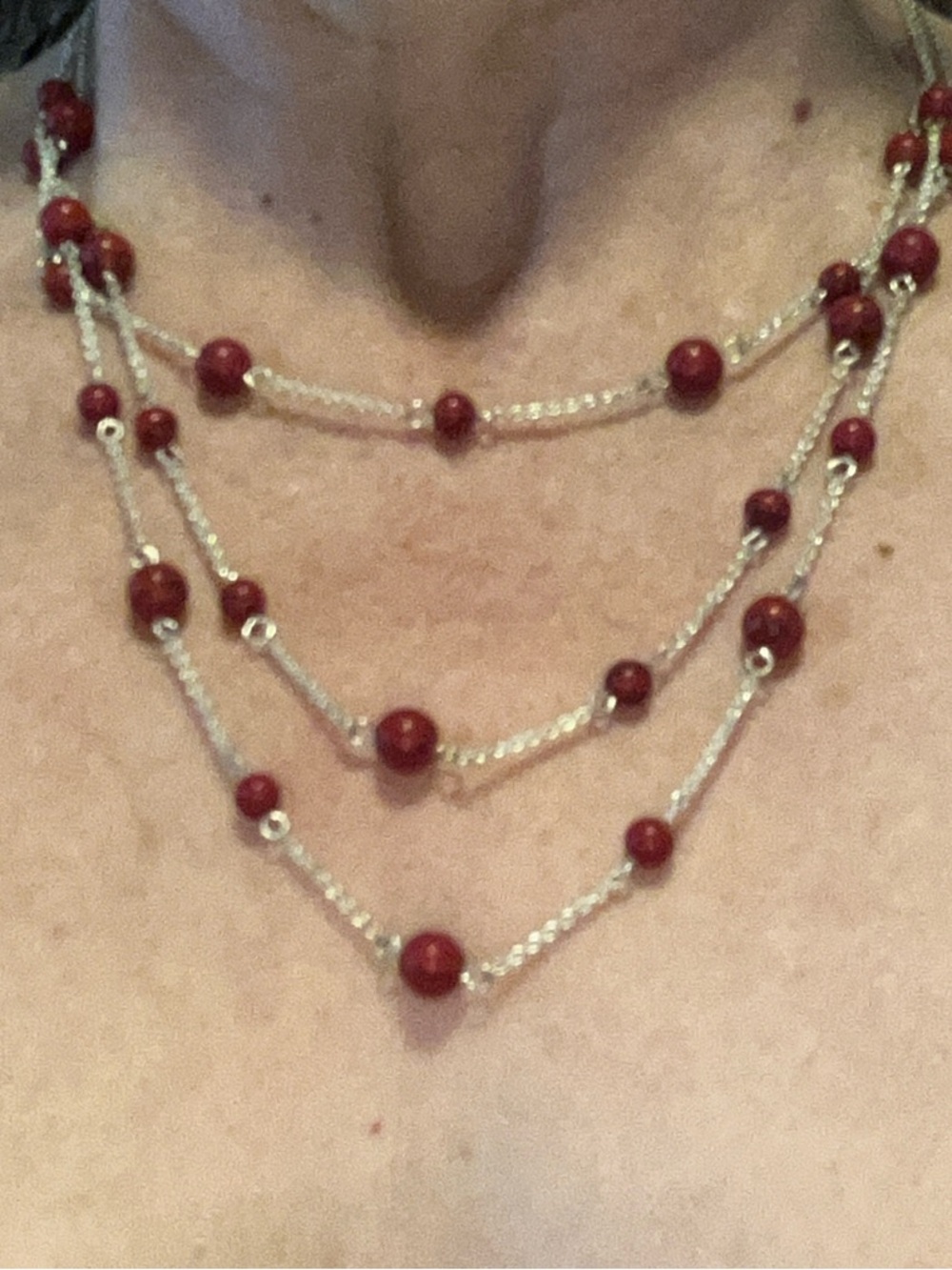 Chaps Layered Silver Chain Necklace with Red Beads